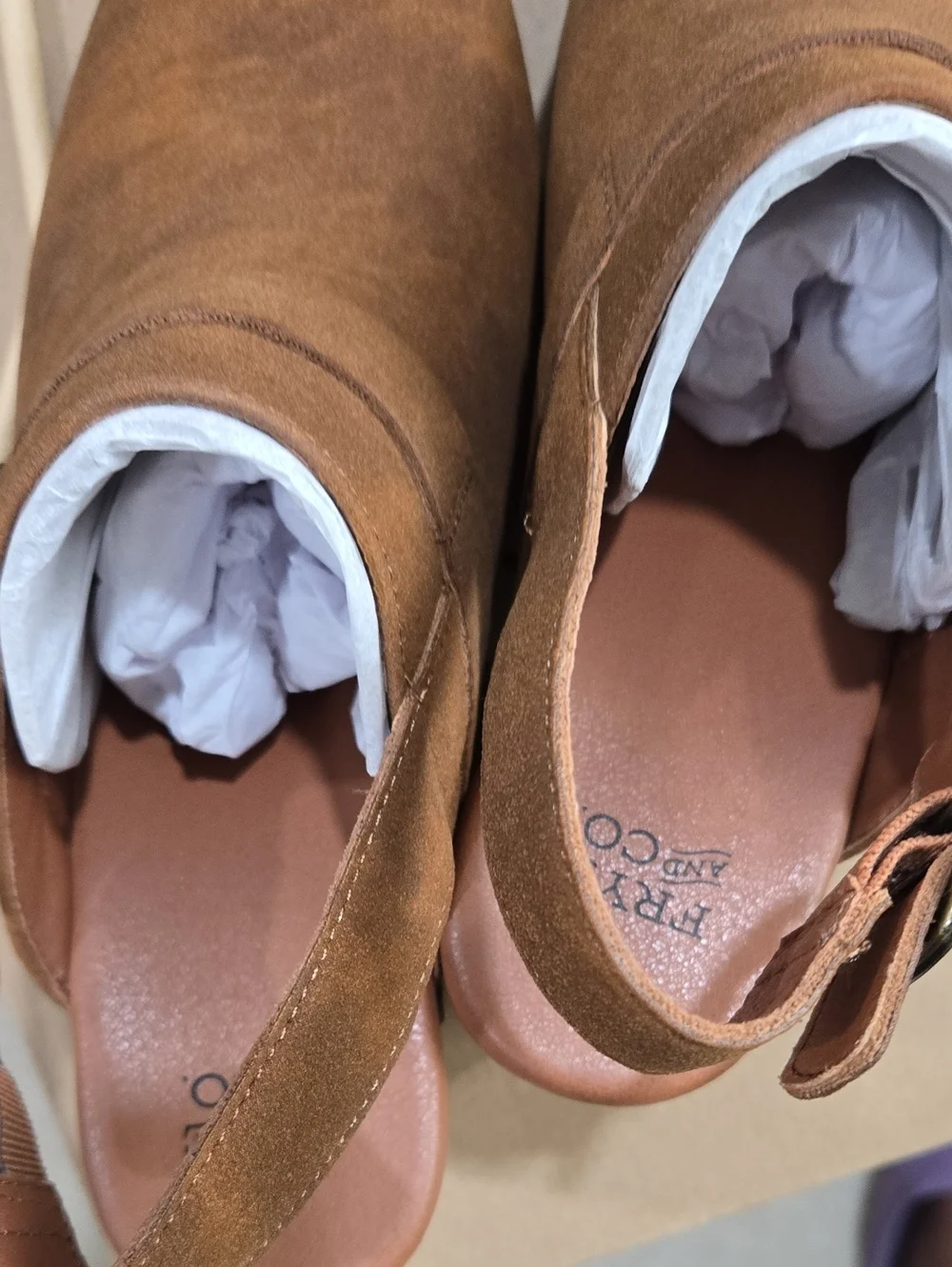 Frye Womens Distressed Tan Suede Slingback Clog with Buckle